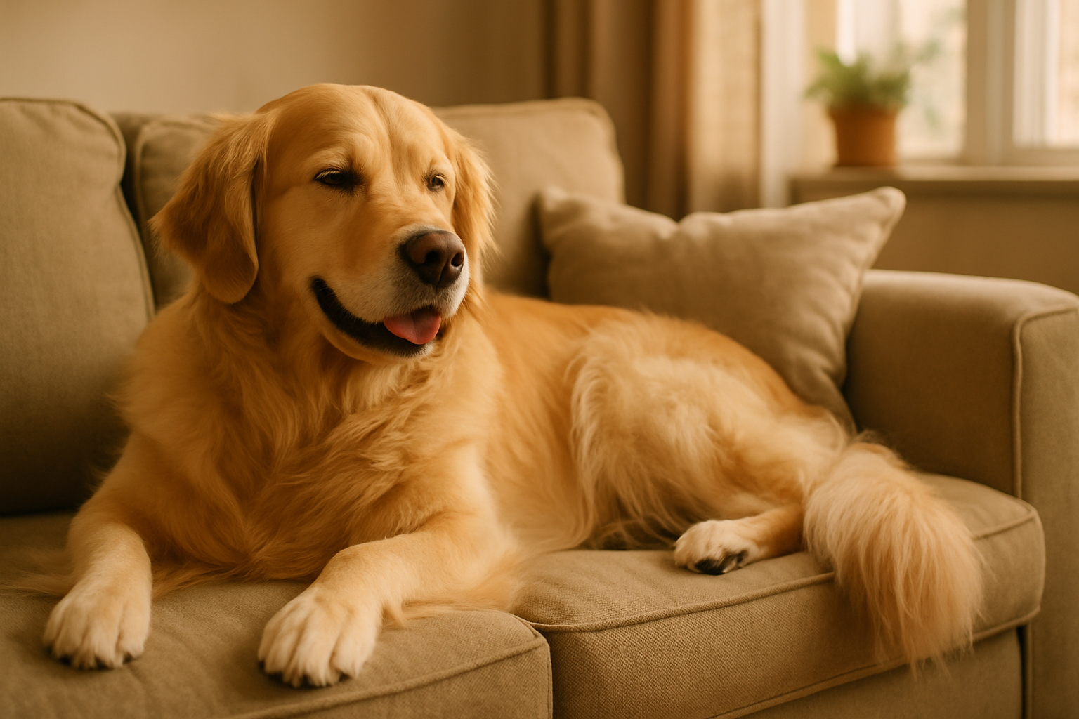golden retreiver rexaing on a couch