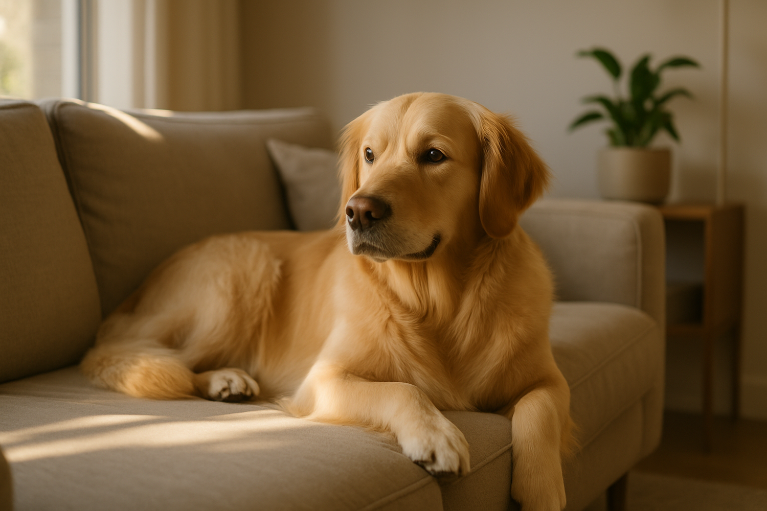 Realistic photo of a calm Golden Retriever resting on a beige fabric sofa in a cozy living room. Warm morning light from a window, soft shadows, shallow depth of field (background slightly blurred). Modern Australian home, neutral tones (beige, taupe, light grey), house plant on a side table in background. Dog relaxed, mouth closed or gentle smile, ears neutral, looking slightly to the right. No people, no leash, no text, no logos, no watermark.