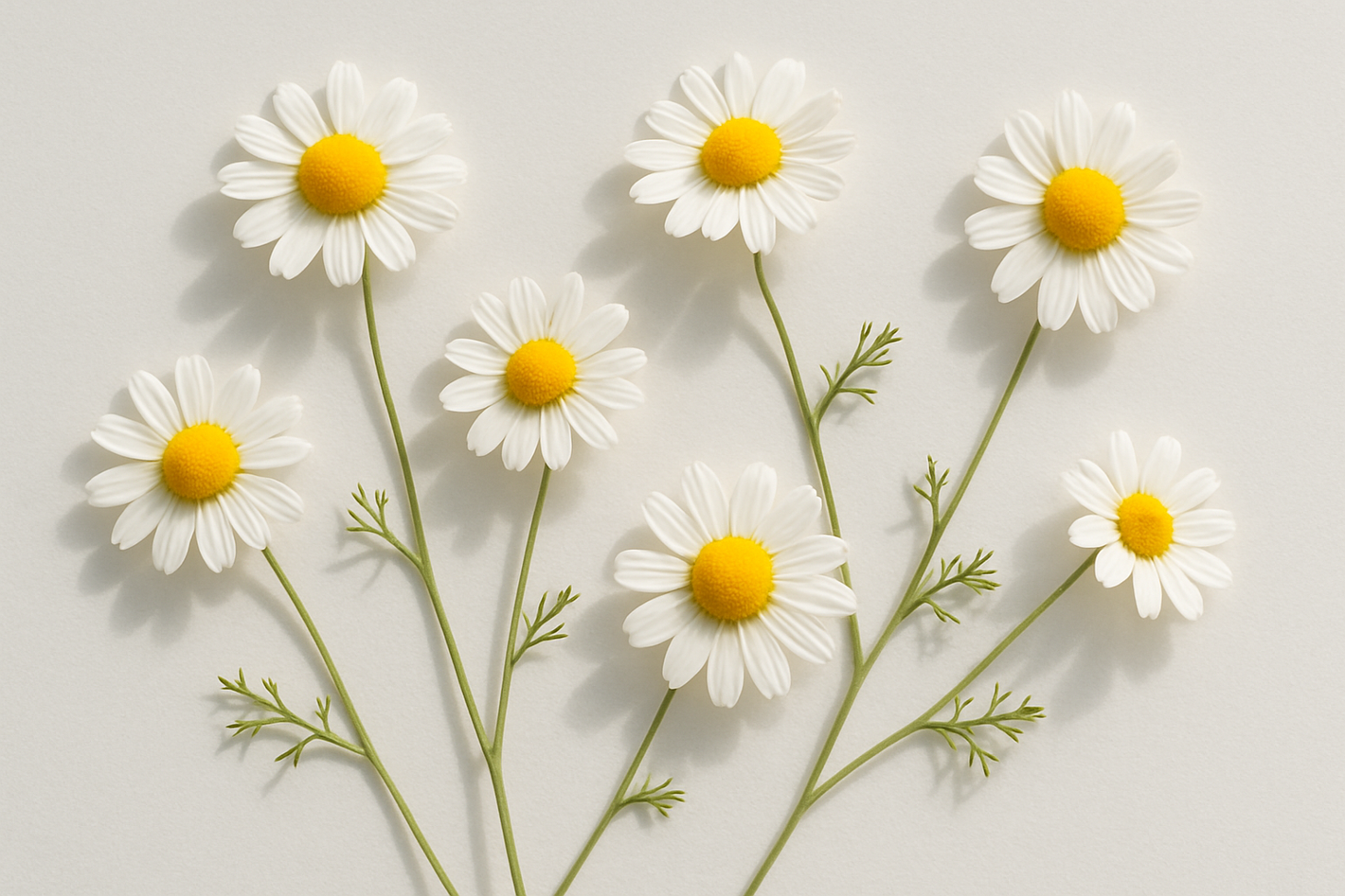 Chamomile: “Realistic still-life of chamomile flowers on light grey (#F6F8FA), soft daylight, airy, no text.”
