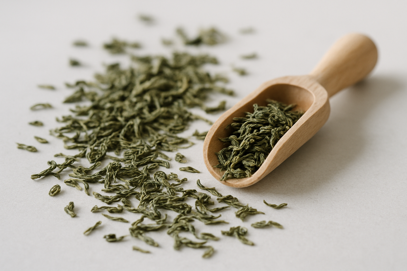 Realistic product still-life of loose green tea leaves and a small wooden scoop on a light grey background (#F6F8FA). Soft daylight, minimal shadows, shallow depth of field, neutral palette. Clean, modern, calming aesthetic. No text, no people, no packaging, no watermark.

