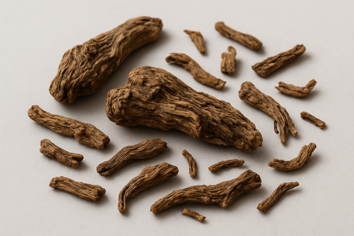 Valerian Root: “Realistic still-life of dried valerian root on light grey (#F6F8FA), soft daylight, no text or bottles.”